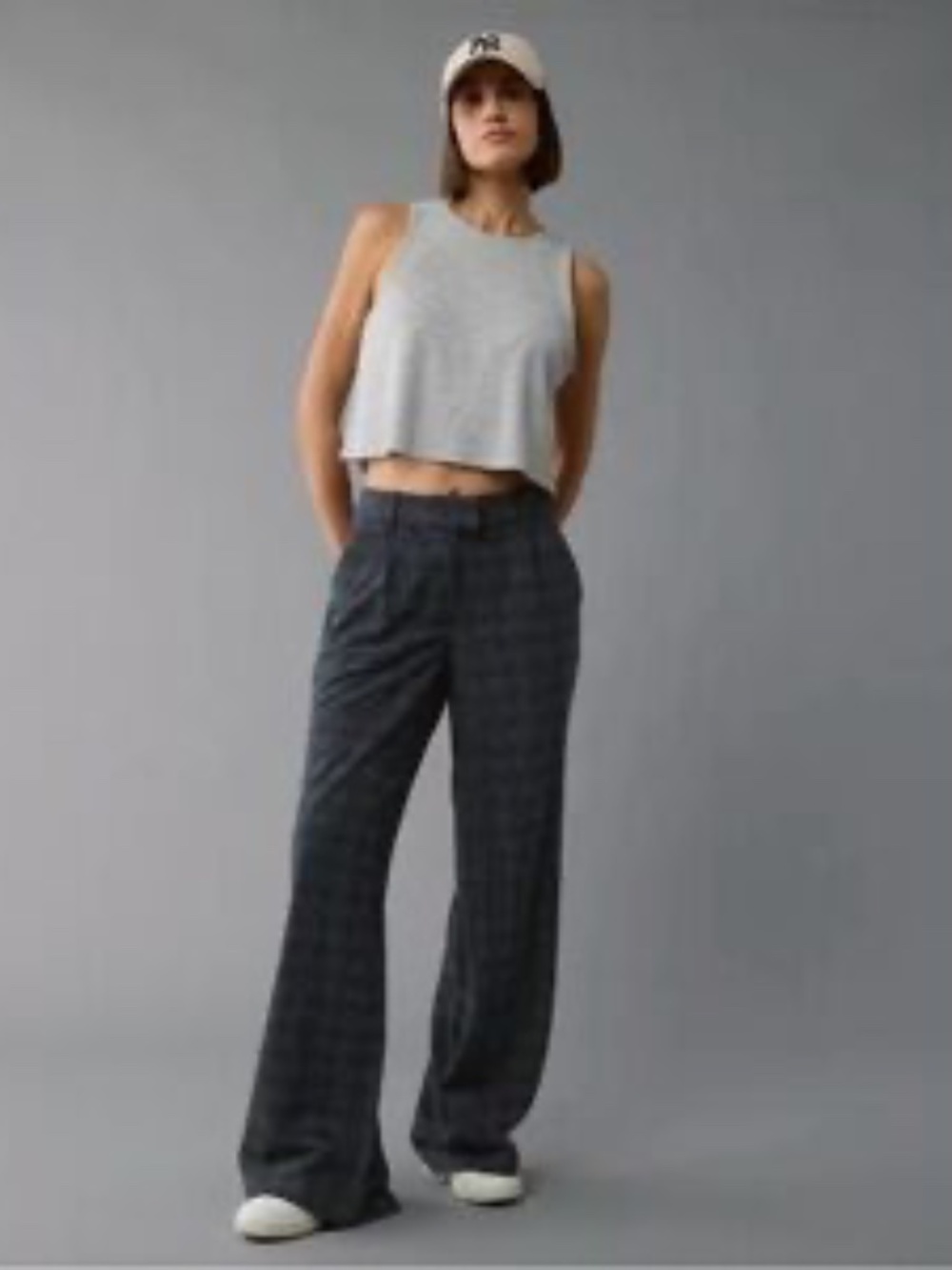 American Eagle Stretch Poppy Trouser Gray Plaid Wide Leg Pants- Size 8-NWT